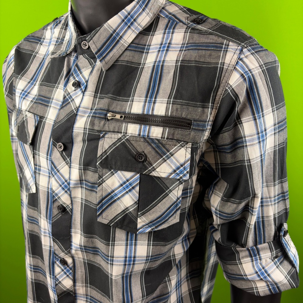 Eighty Eight Platinum‎ Mens L Black Blue Plaid Roll Tab Utility Button Shirt